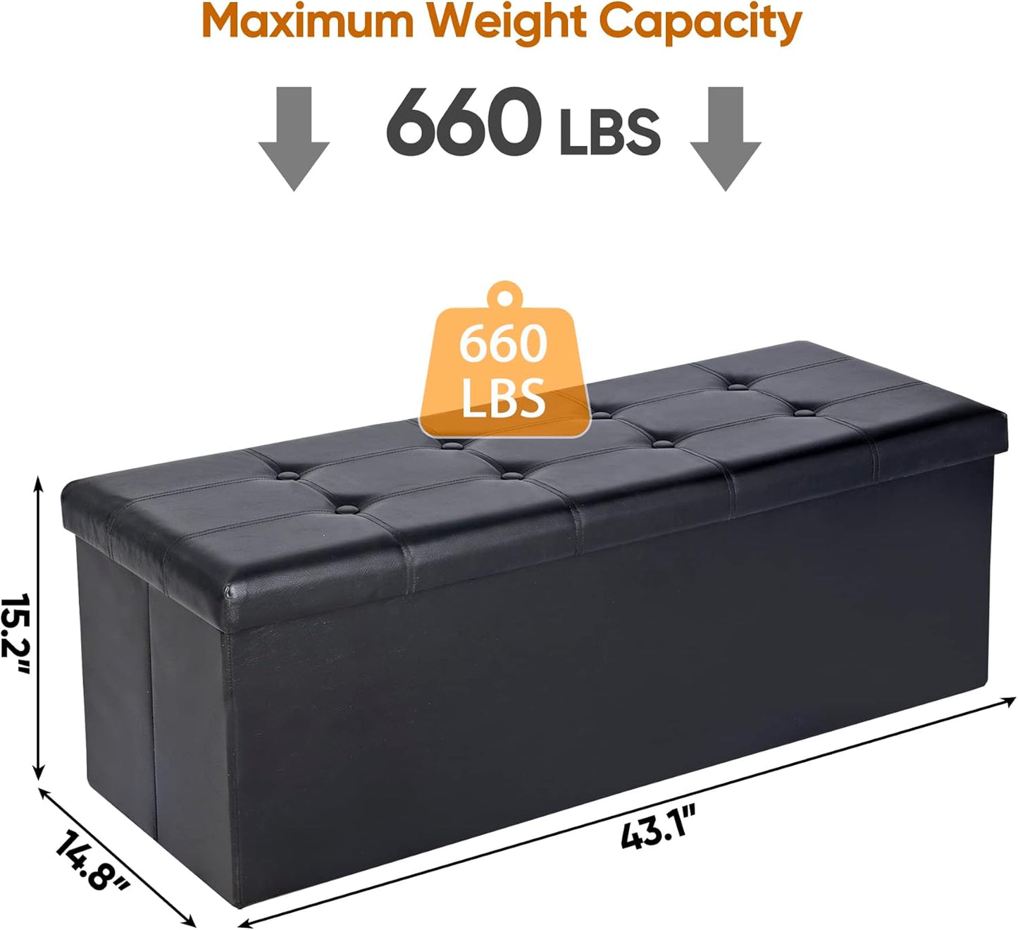 SUPER DEAL 43 Inch Folding Storage Ottoman Bench, Faux Leather Storage Chest Shoes Bench with Divider Padded Seat Couch Footrest for Bedroom Entryway, 660 lbs Capacity 43"x 15"x 15", Black