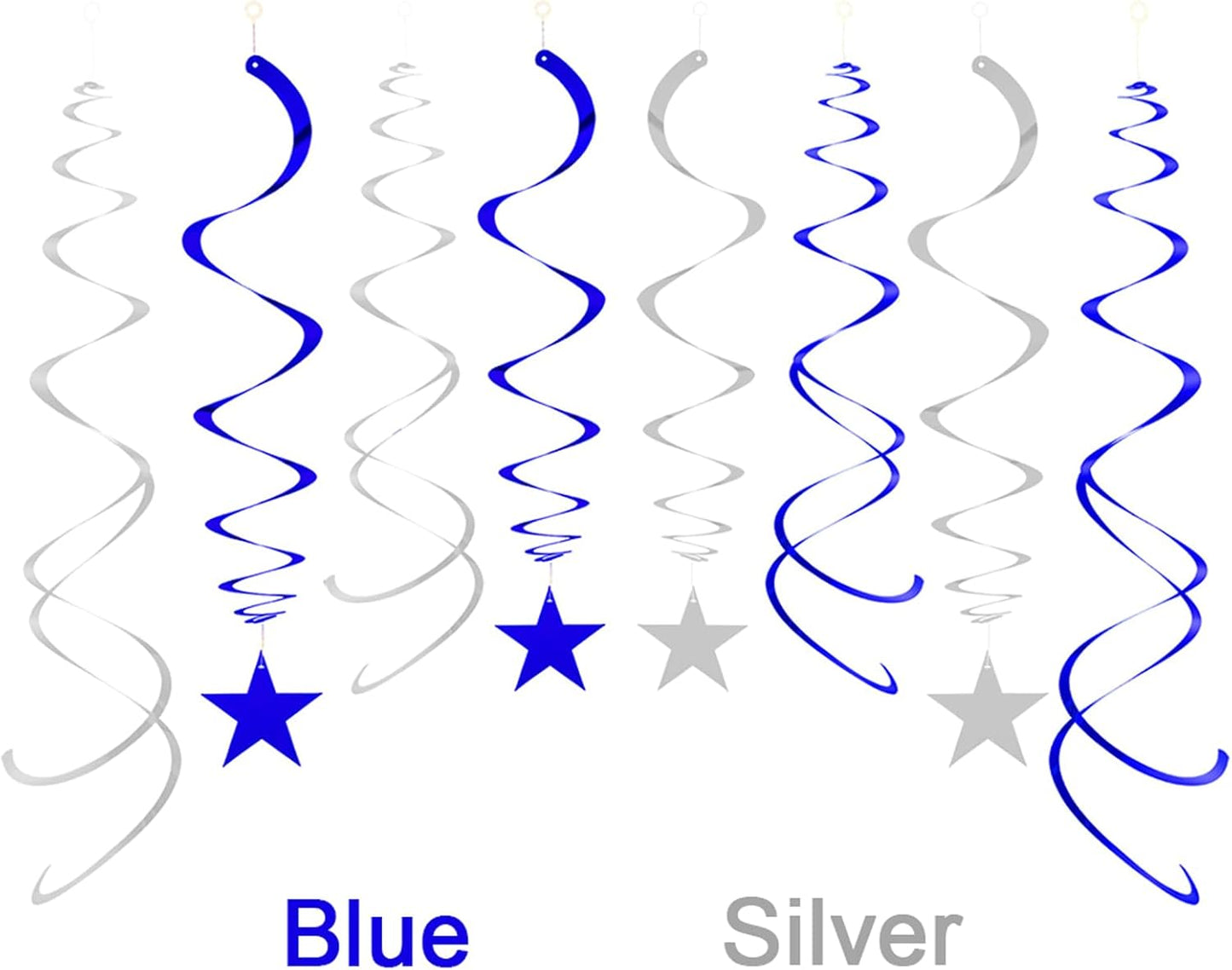 Party Star Swirl Decorations, Blue and Silver Foil Ceiling Hanging Star Swirl Decorations, Whirls Decorations for Birthday | Wedding | Anniversary | Graduation Party, Pack of 30