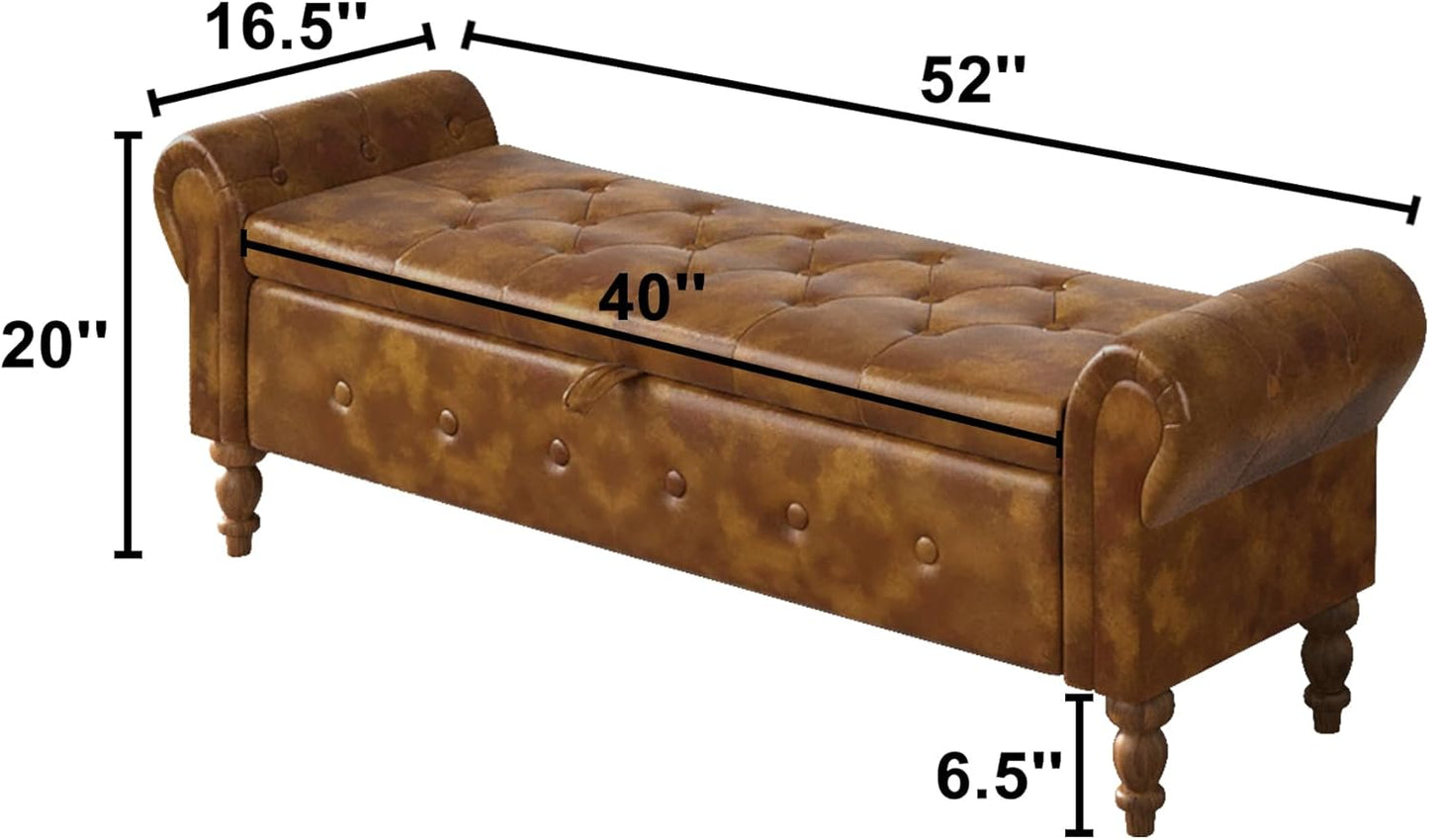 Storage Ottoman Bench for Bedroom, 52" Leather End of Bed with Rolled Arms, Upholstered Ottoman Fit for Living Room, Entryway, Faux Leather Brown