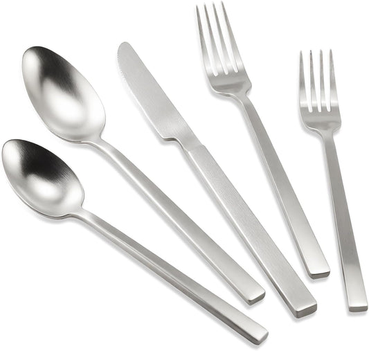 Stainless Steel Flatware Set Hand Forged 18/10 Silverware Set Cutlery Set Silver Cuboid Handle Matte Finished 20 Pieces Service for 4