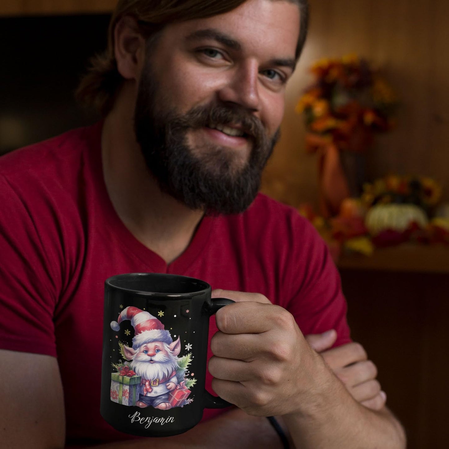 Cute Gnome And Gifts Design Mug, Customized Christmas Gnome Black Cup 11oz 15oz, Gnome Lover Coffee Mug With Custom Name, Gift For Children, Personalized Xmas Gnome Ceramic Cup