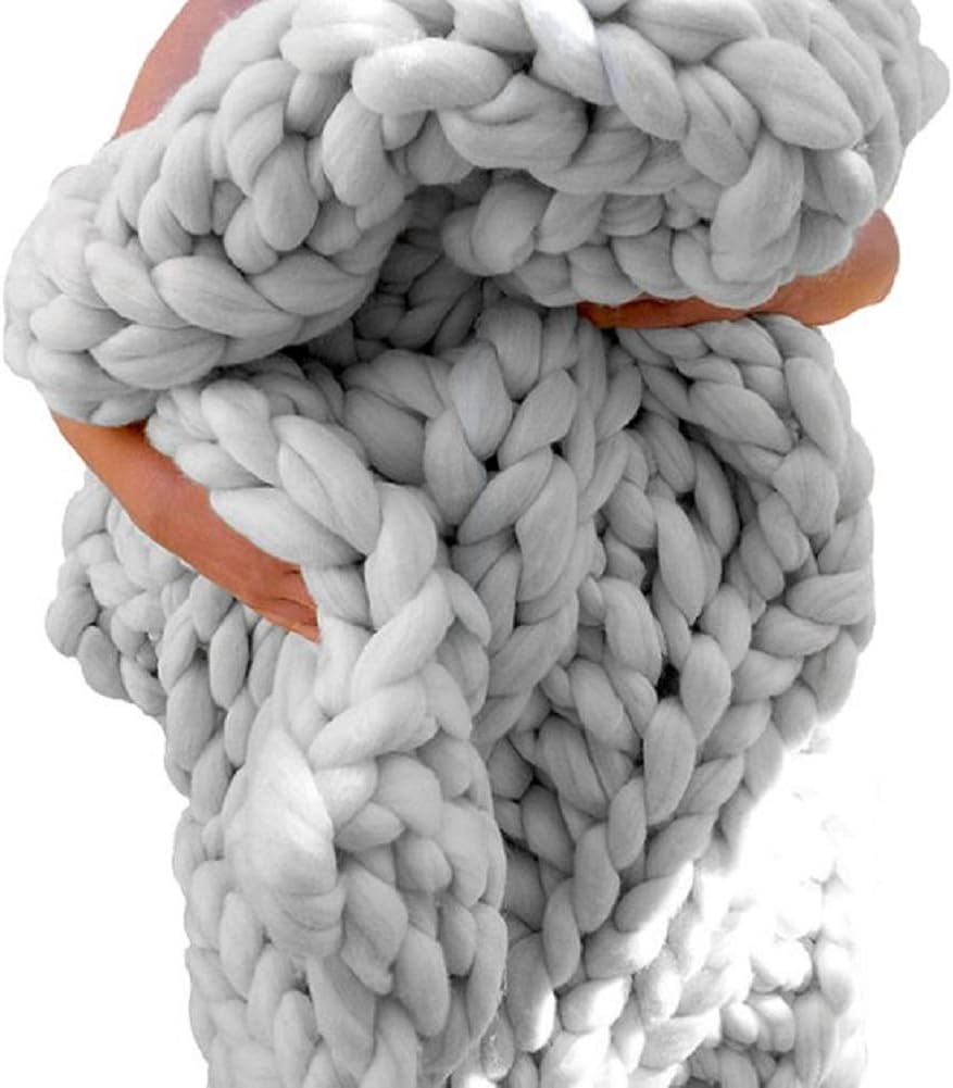 Chunky Knit Blanket Soft Handmade Knitting Throw for Bedroom Sofa Decor Super(Light Gray 60"x60")