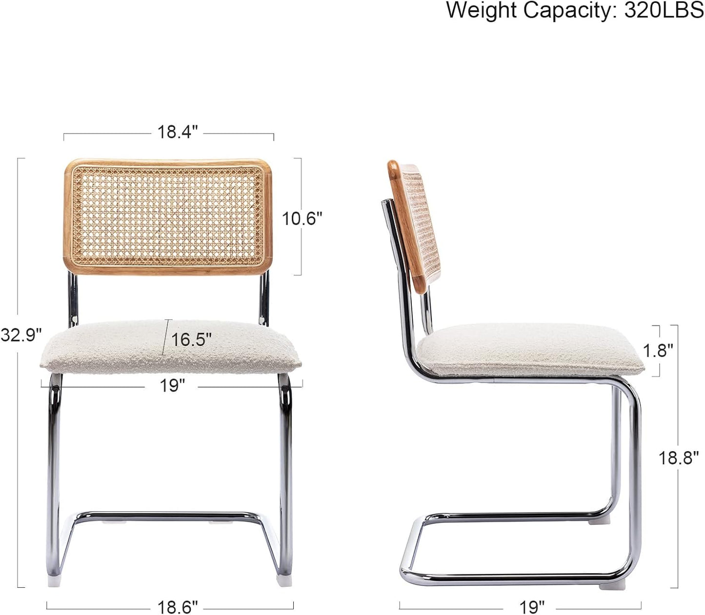 Mid Century Modern Rattan Dining Chairs Set of 2, Boucle Kitchen Chairs with Handwoven Mesh Rattan Backrest and Metal Legs, Upholstered Accent Side Chairs, White