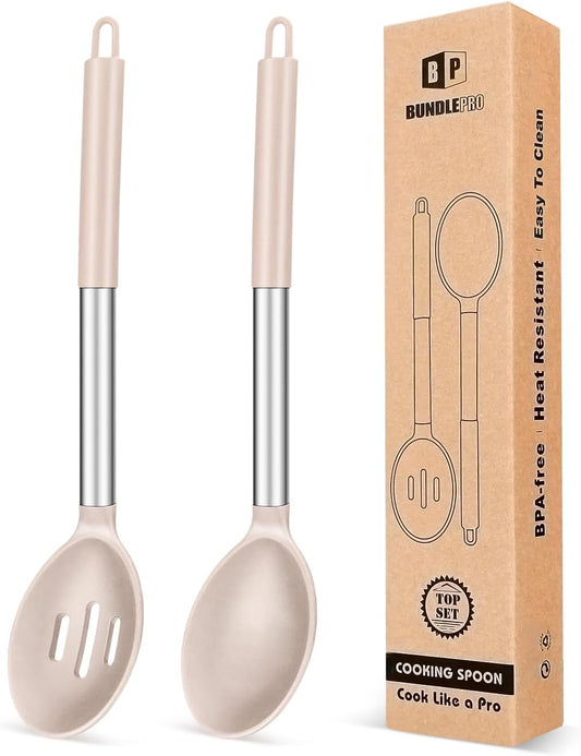 Pack of 2 Large Silicone Cooking Spoons,Non Stick Solid Basting Spoon,Heat-Resistant Kitchen Utensils for Mixing,Serving,Draining,Stirring (STAINLESS STEEL KHAKI)