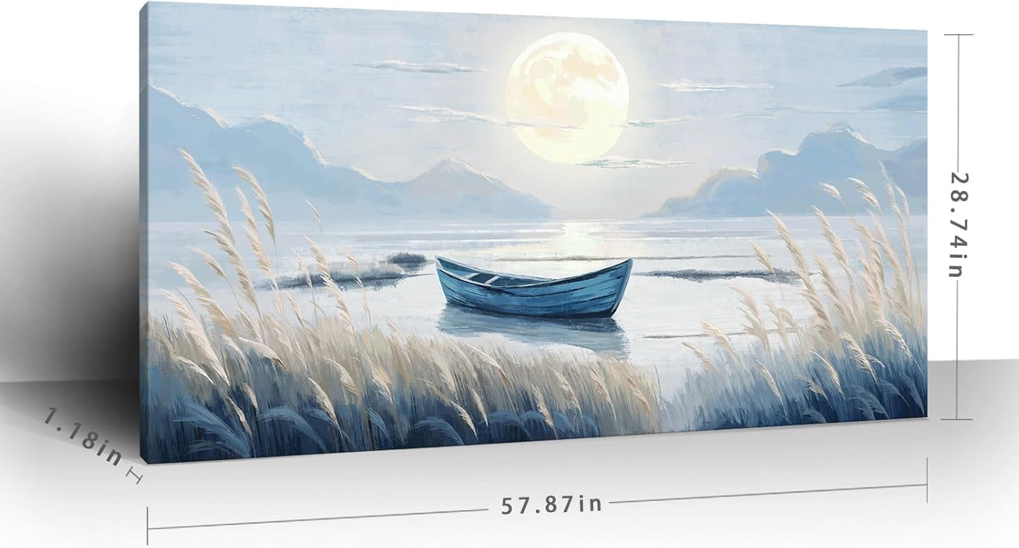 Oversized Large Living Room Wall Art, Blue Wall Decor for Bedroom, Modern Nautical Ocean Beach Seascape Nature Picture Sailboat Moon Lake Mountain Canvas Print Relaxing Serene Coastal Rustic Artwork