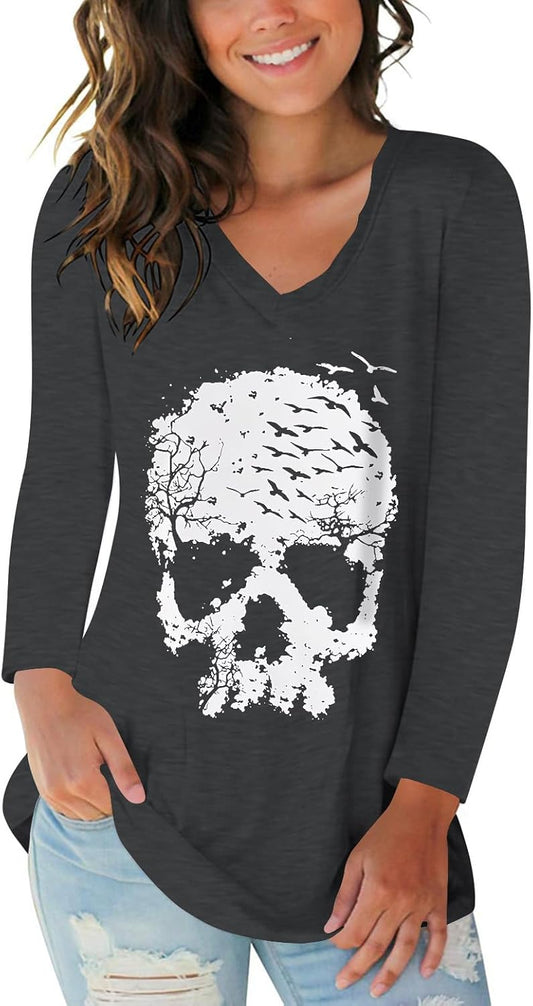 Tobrief Women's Long Sleeve V-Neck Shirts Fall Graphic Tees Loose Casual T-Shirt