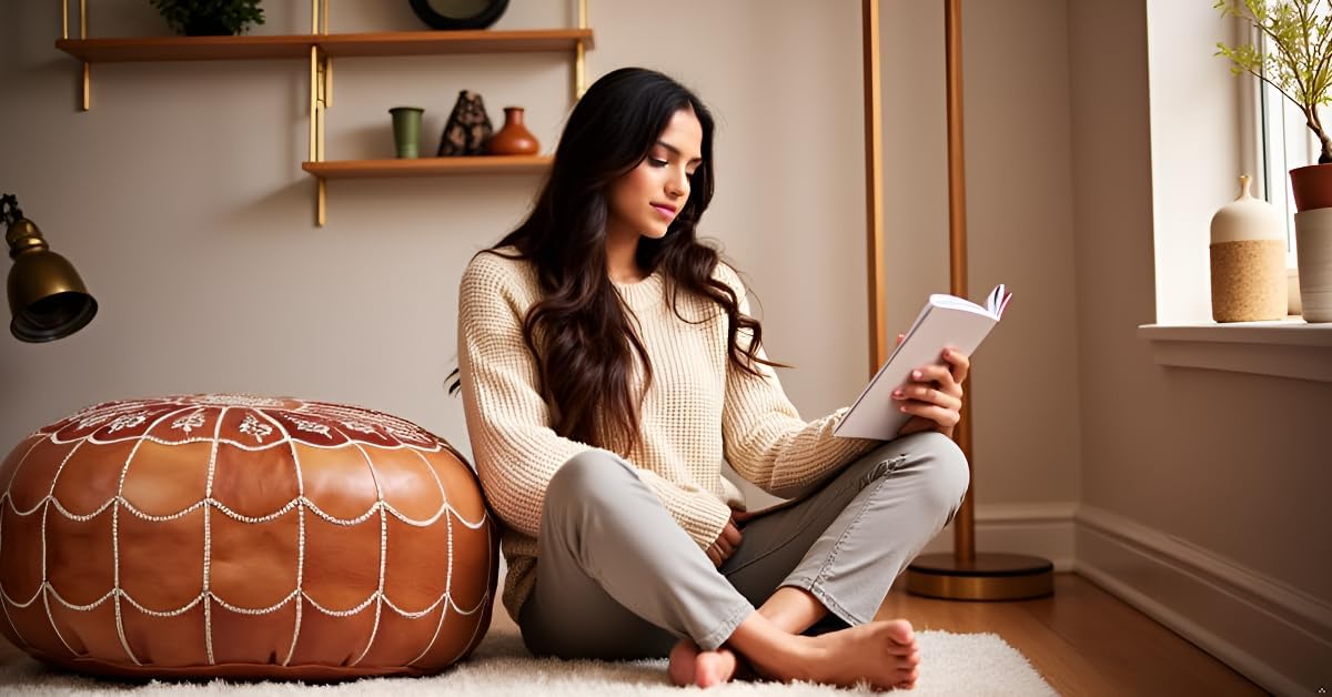 Stuffed Arch Design Moroccan Leather Pouf Ottoman, Handmade, Pre-Filled, 100% Genuine Leather, 14” Height x 22” Diameter – Boho Chic Footstool & Living Room Décor (Dark Tan)