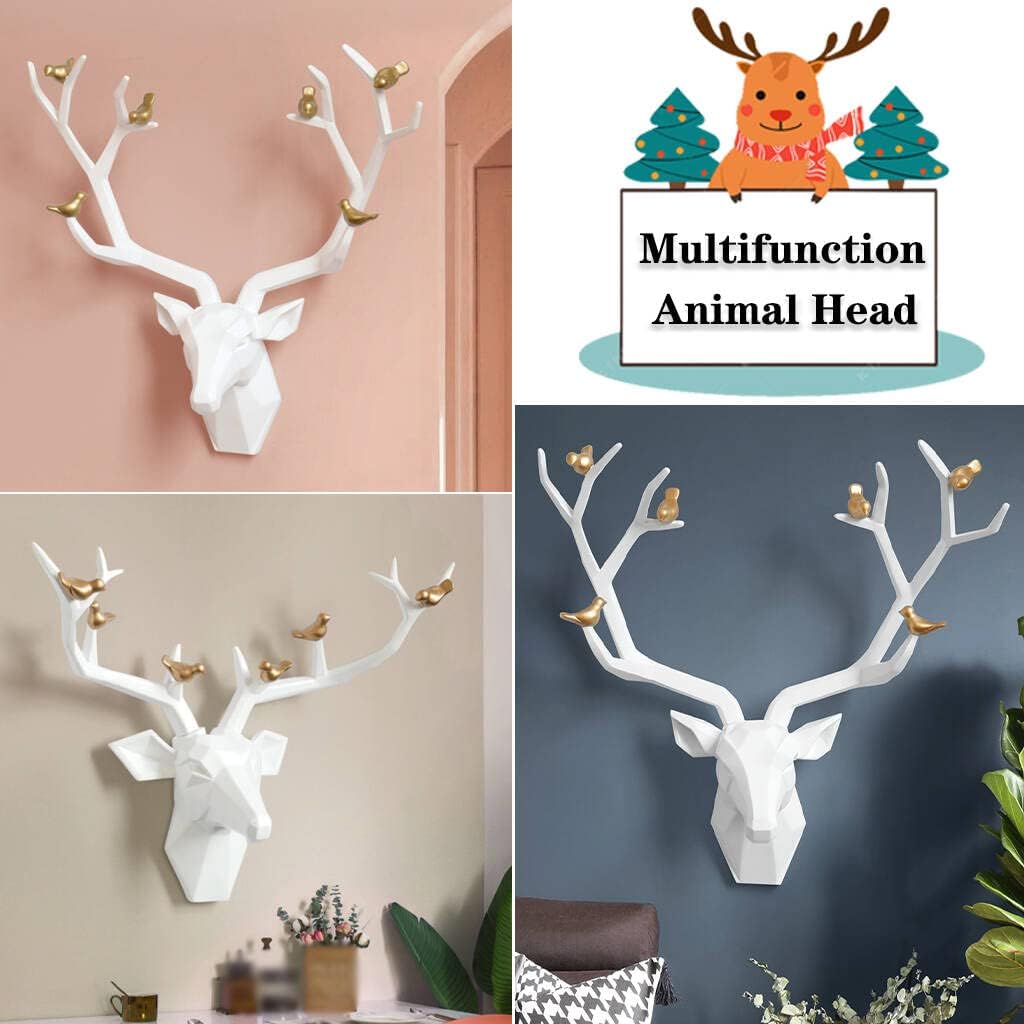 Deer Head Wall Decor Geometric Rustic Wall Mounted Deer Head, Faux Taxidermy Animal Head Wall Art Pendant, Handmade Resin Head Sculptures for Porch, Detachable Antlers, 6 Styles(White,20.1x20.4IN)
