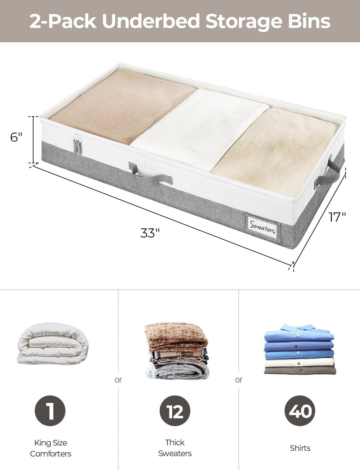 StorageWorks Large Under Bed Storage Containers with Handles and Label Holder, 2 Pack Ultra-thick Fabric Underbed Bins, Closet Organizer for Clothes, Blankets, Sweater