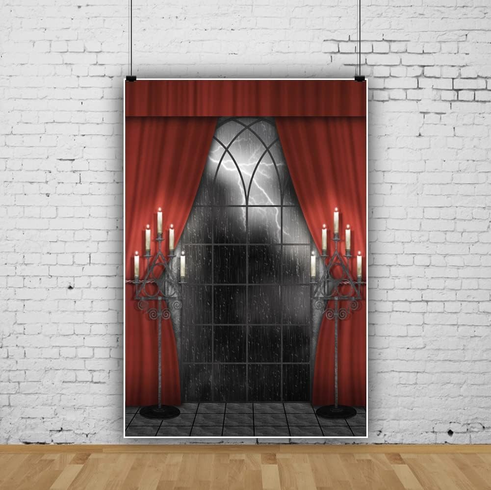 Renaiss 4x6ft Vintage Gothic Window Backdrop Red Curtain Candlestick Black Floor Lightning Stormy Sky Vampire Medieval Castle Photography Background Halloween Dress Up Party Decors Photo Booth Props