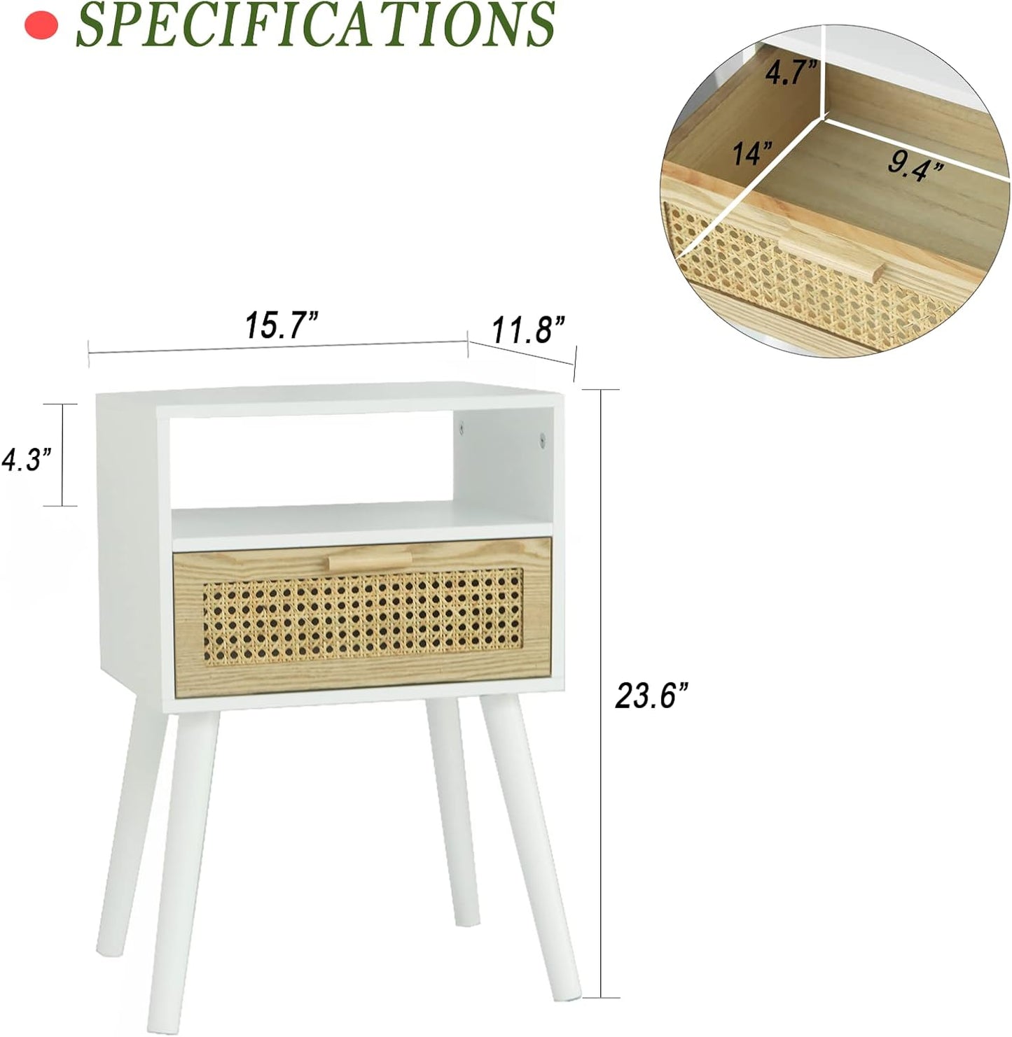 MaxSmeo Nightstand with Charging Station, Bedside Tables with Rattan Drawer, Mid Century Modern Nightstand, End Table for Living Room, Bedroom and Small Spaces, Easy Assembly (White)