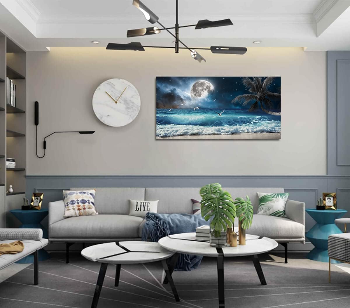 Yxbhhym large Moon Ocean Wall Art Seascape Sea Wall Pictures Canvas Beach Prints Poster Scenery Ocean Paintings Palm Artwork for Bedroom Modern Framed Office Wall Art Living Room Decor-30x60inches