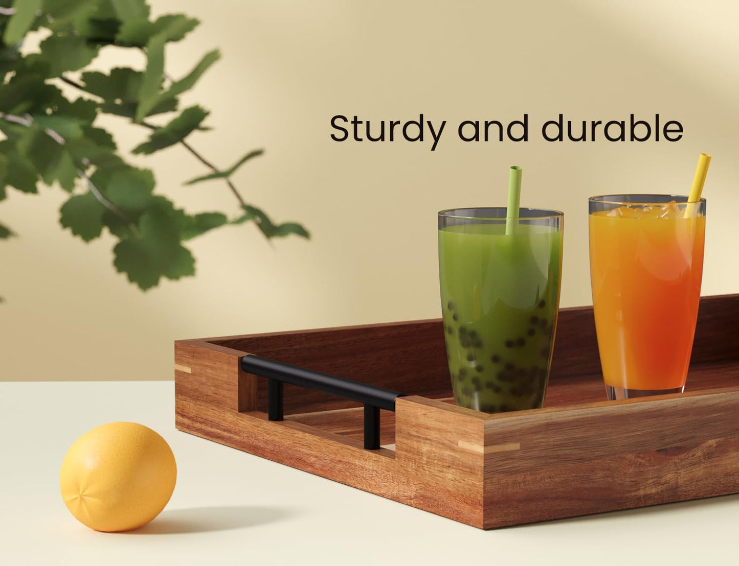 Acacia Wood Serving Tray with Metal Handles,15x10in Ottoman Decorative Trays Platter for Coffee Table,Living Room,Bar,Party(Medium)