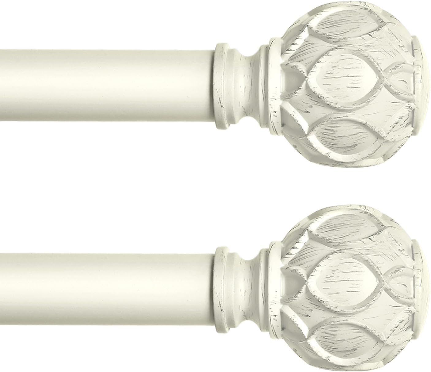 White Farmhouse Curtain Rods for Windows:Heavy Duty Adjustable Curtain Rod for Bedroom Living Room,Boho Decorative Rustic Drapery Rods with Vintage Coastal Finials,Antique White 2 Pack 66-120"
