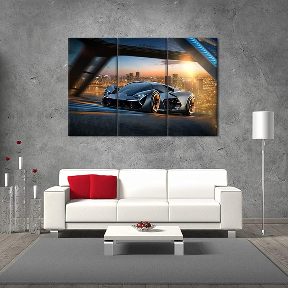 TUMOVO Cityscape Painting Sports Car Artwork Racing Pictures for Living Room 3 Piece Canvas Wall Art Modern Home Decoration Framed Stretched Ready to Hang Posters and Prints - 28 x 14inch x 3 Panel