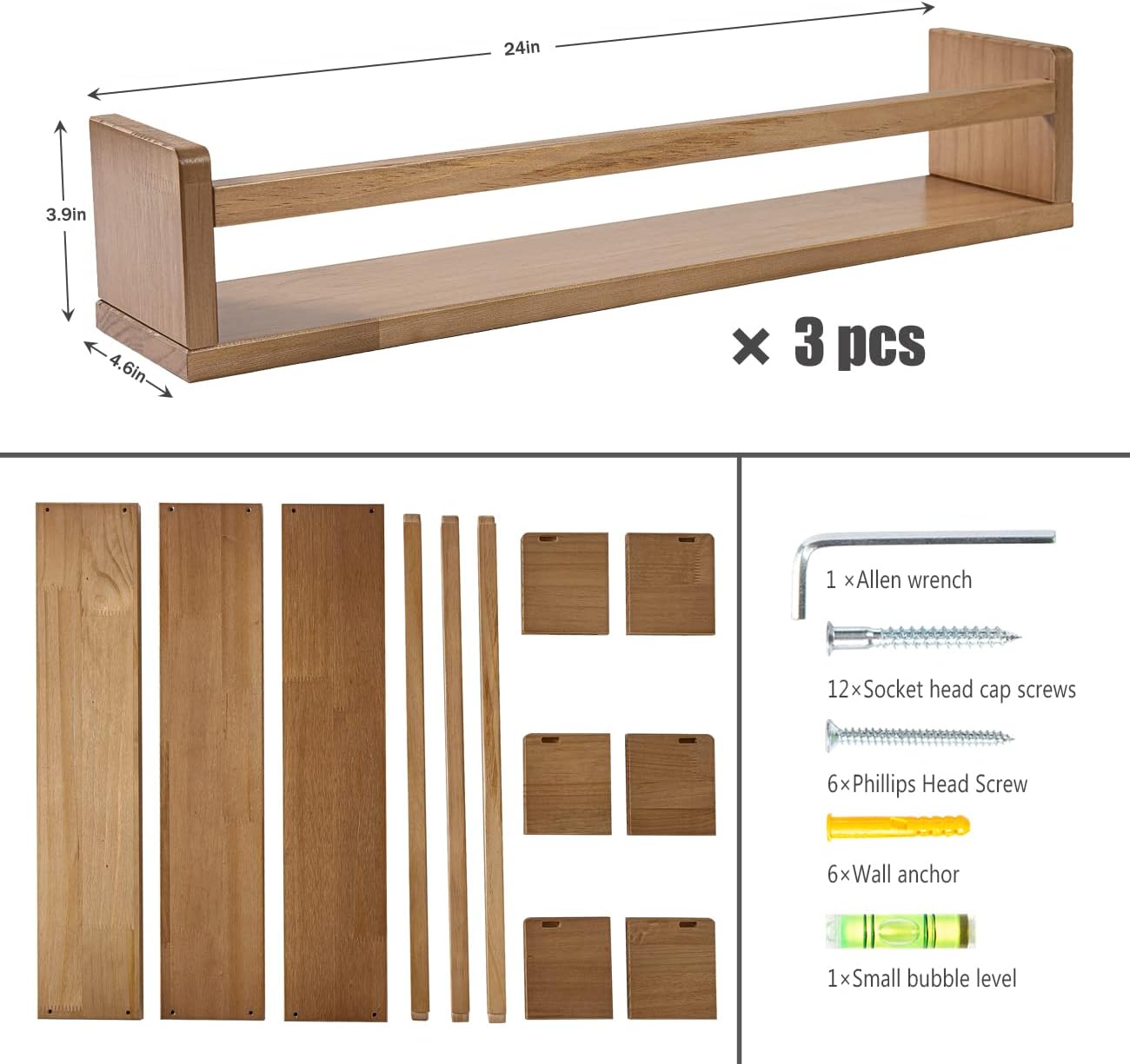 AZSKY Nursery Shelves Light Walnut Floating Book Shelf Organizer for Baby Nursery Décor Wall Book Shelves for Kids Room 24 Inch Wood Wall Ledge Shelves for Bathroom Kitchen Spice Rack a Set of 3