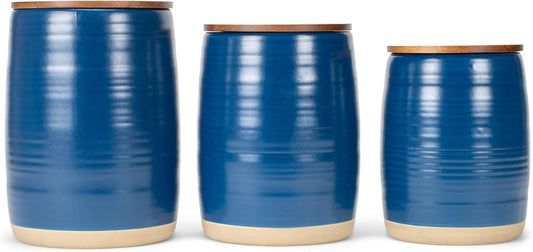 Nat & Jules Lidded Navy Blue 6 inch Ceramic and Wood Kitchen Canisters Set of 3