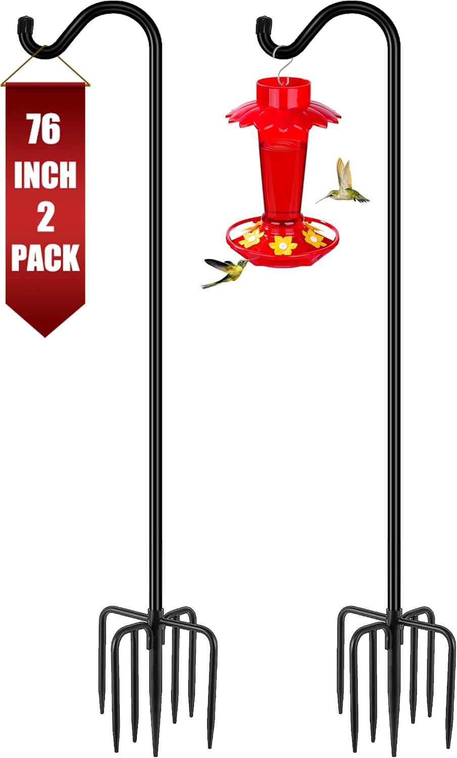 Gtongoko Shepherds Hook for Outdoor, 76 Inch Bird Feeder Pole with 7 Prongs Base, 3/4 Inch Thick Heavy Duty Adjustable Garden Hook for Hanging Plant, Hummingbird Feeder, Lantern, 2 Pack