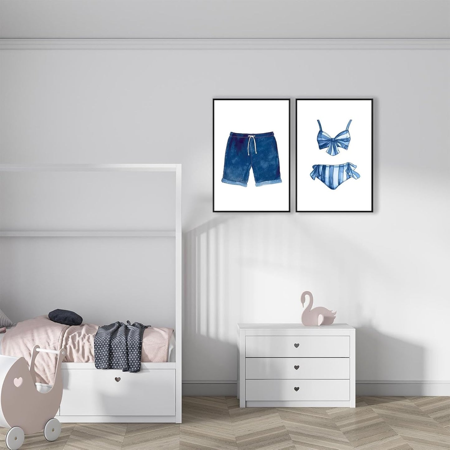 Liyark Set of 2 Retro Navy Blue And White Swimsuit Art Posters Beach Bathing Suit Prints Painting Beach House Wall Art Coastal Wall Decor Pictures For Bathroom Home Decoration 12x16in Framed