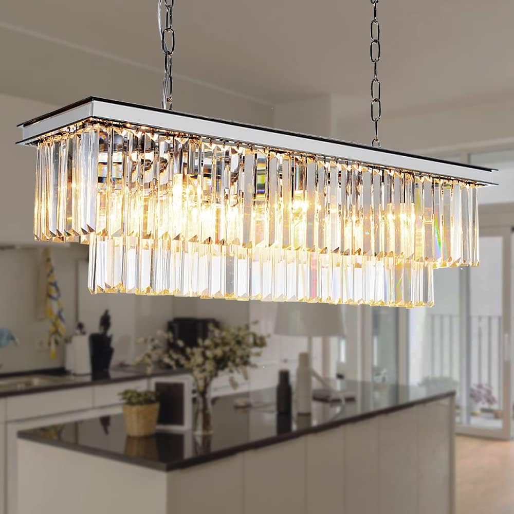 L39.4 Chrome Rectangle Modern Crystal Chandeliers Lighting Rectangular Pendant Ceiling Lights Fixture Lamp for Dining Living Room