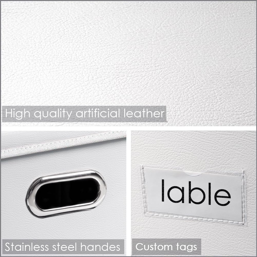 PRANDOM Collapsible Storage Box with Lid [3-Pack] Leather Fabric Foldable Storage Bin Organizer Container Basket Cube with Cover for Home Bedroom Closet Office Nursery White(22.8X15.7X11.8)