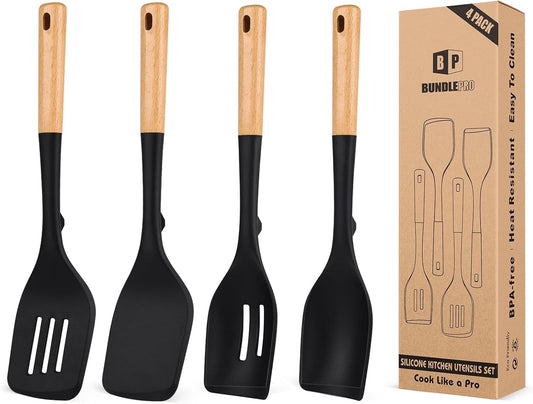 Pack of 4 Silicone Kitchen Utensils Set, Non Stick Solid Spatulas and Heat Resistant Slotted Spoons with Wooden Handle, Ideal BPA Free Cooking Utensils for Mixing,Serving,Turning,Stirring(BLACK)
