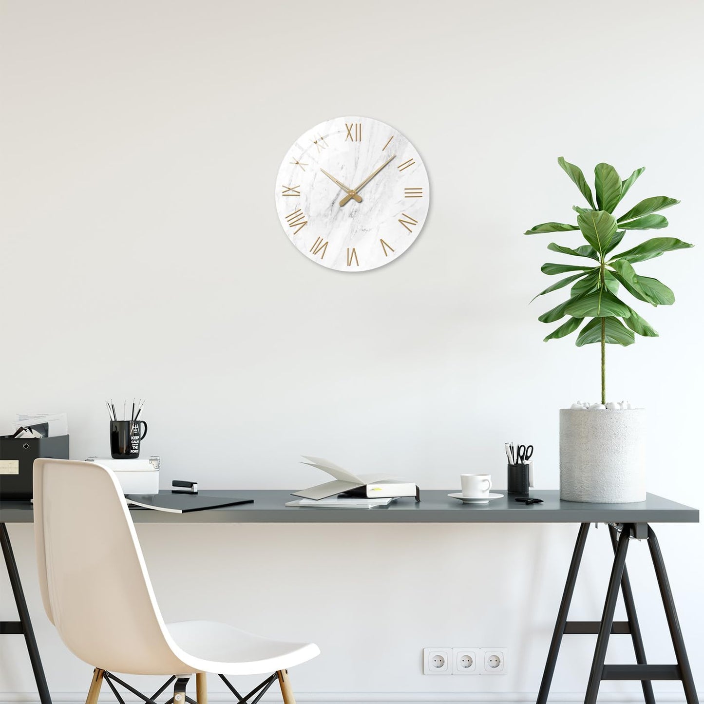 White Small Wall Clocks Battery Operated Marble Analog Clock for Bedroom 12 Inch Round Silent Wall Clock Modern