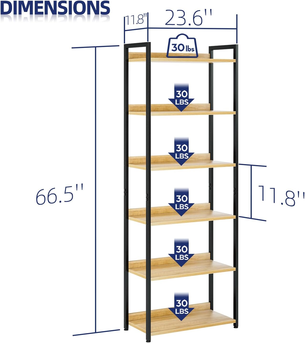 NUMENN Bookshelf, 6 Tier Bookshelves, Home Office Bookcase Shelf Storage Organizer, Free Standing Storage Shelving Unit for Bedroom, Living Room and Home Office, Natural