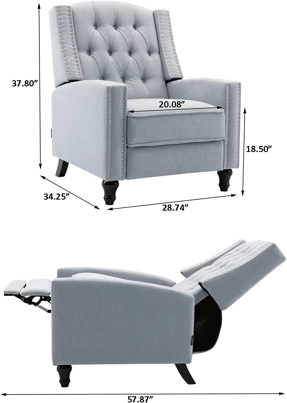 Fabric Push Back Recliner Chair Mid Century Tufted Single Comfy Reading Sofa Chair for Living Room/Bedroom/Home Theatre, Grey