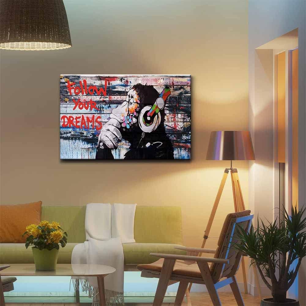 Framed Banksy Graffiti Canvas Wall Art Follow Your Dreams Monkey Poster With Headphones Prints Street Painting Picture Man Cave Wall Decor Pop Art for Living Room Bedroom Office 24" Wx36 H (60x90cm)