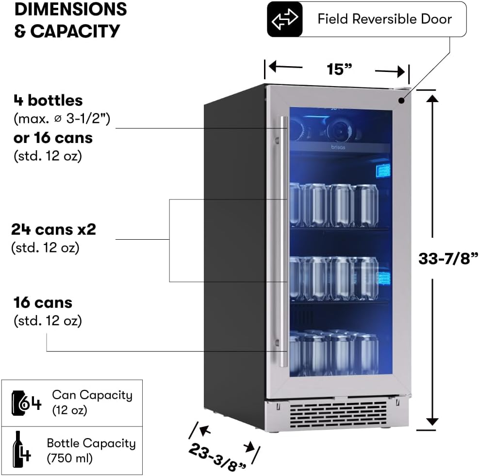 Zephyr Brisas 15 Inch Slim Beverage Fridge Single Zone Under Counter - Narrow Mini Wine & Drink Cooler Small Cabinet Wine Refrigerator Home Bar Freestanding with Glass Door - 4 Bottles, 64 Cans