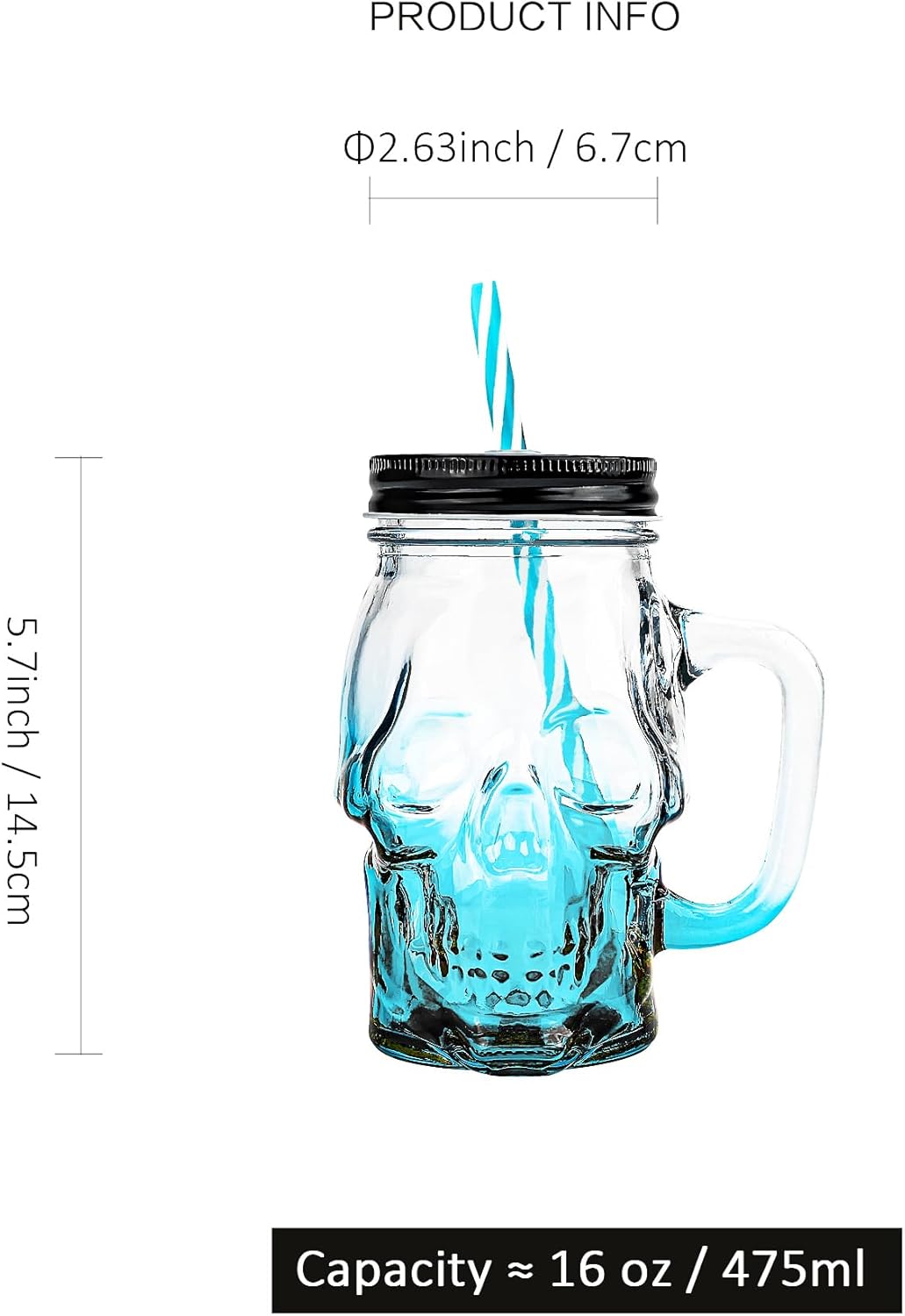 Halloween Cups Set of 4 - Blue Skull Glass Drinking Jar with Lids and Straws - Halloween Decor, Drinking Glasses 16 oz