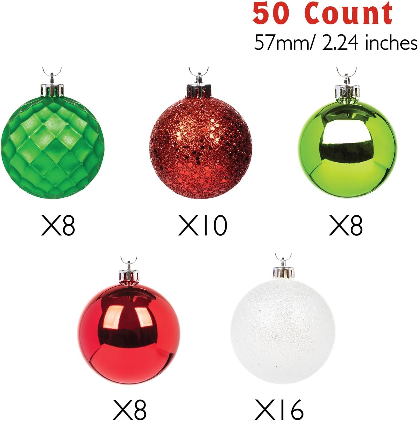 Every Day is Christmas Ornaments, Shatterproof Christmas Tree Ornament Set, Christmas Balls Decoration 50 Count (2.24"/57mm, White Red Green)