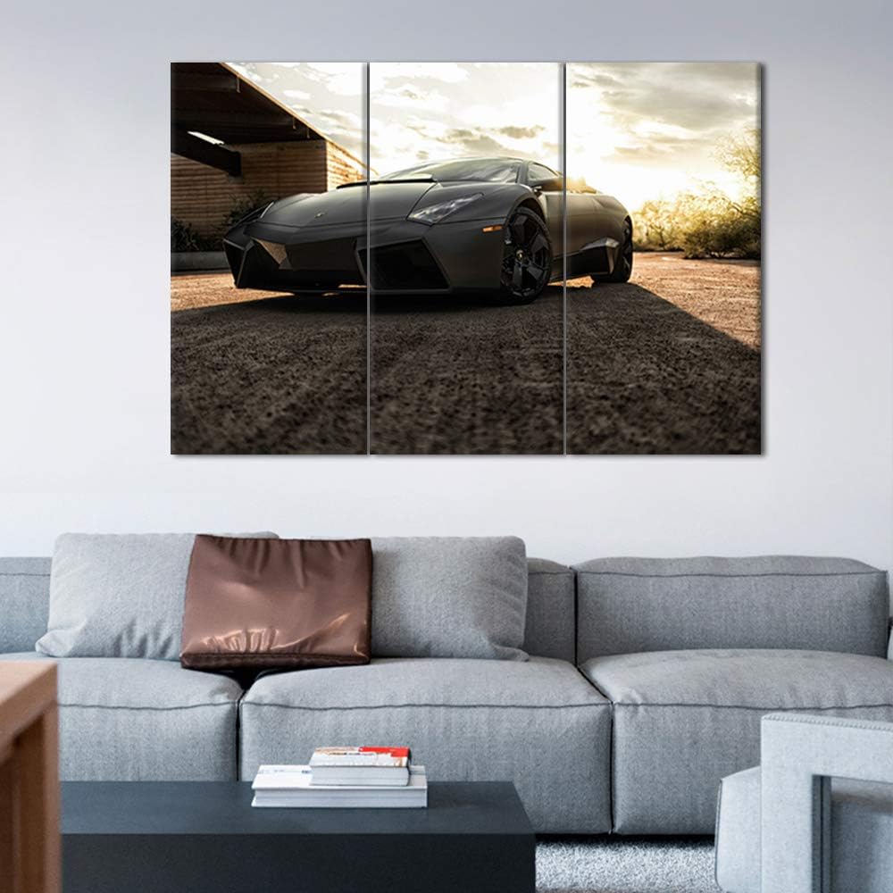 TUMOVO 3 Pieces Black Sport Car in Sunnet Posters Canvas Framed Wall Art Racing Cars Pictures Printed on Canvas Painting Artwork for Living Room Bedroom Interior Decoration - 12 x 24 inch x 3 Panels
