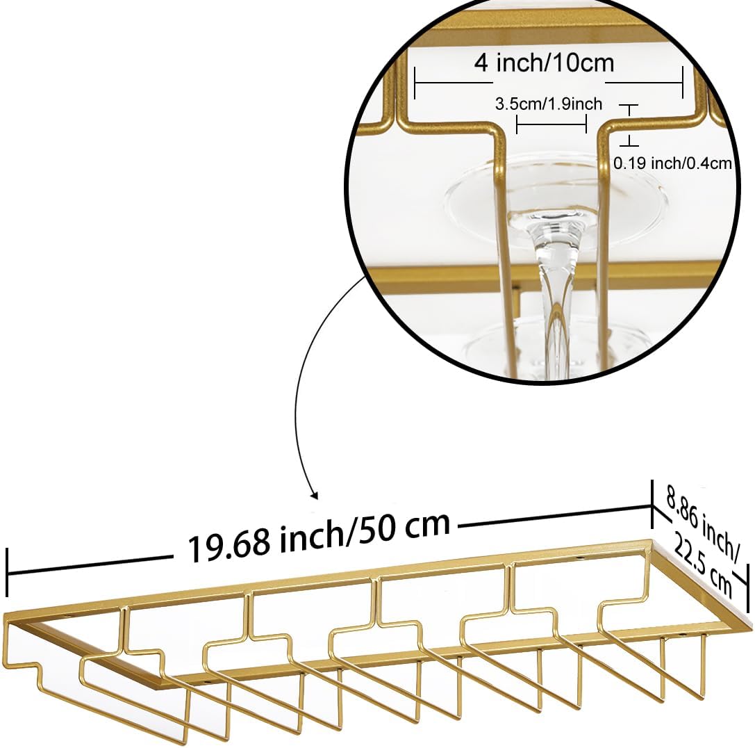 Wine Glass Rack - Under Cabinet Stemware Wine Glass Holder Glasses Storage Hanger 2 Pack Metal Organizer for Bar Kitchen 5 Rows Gold