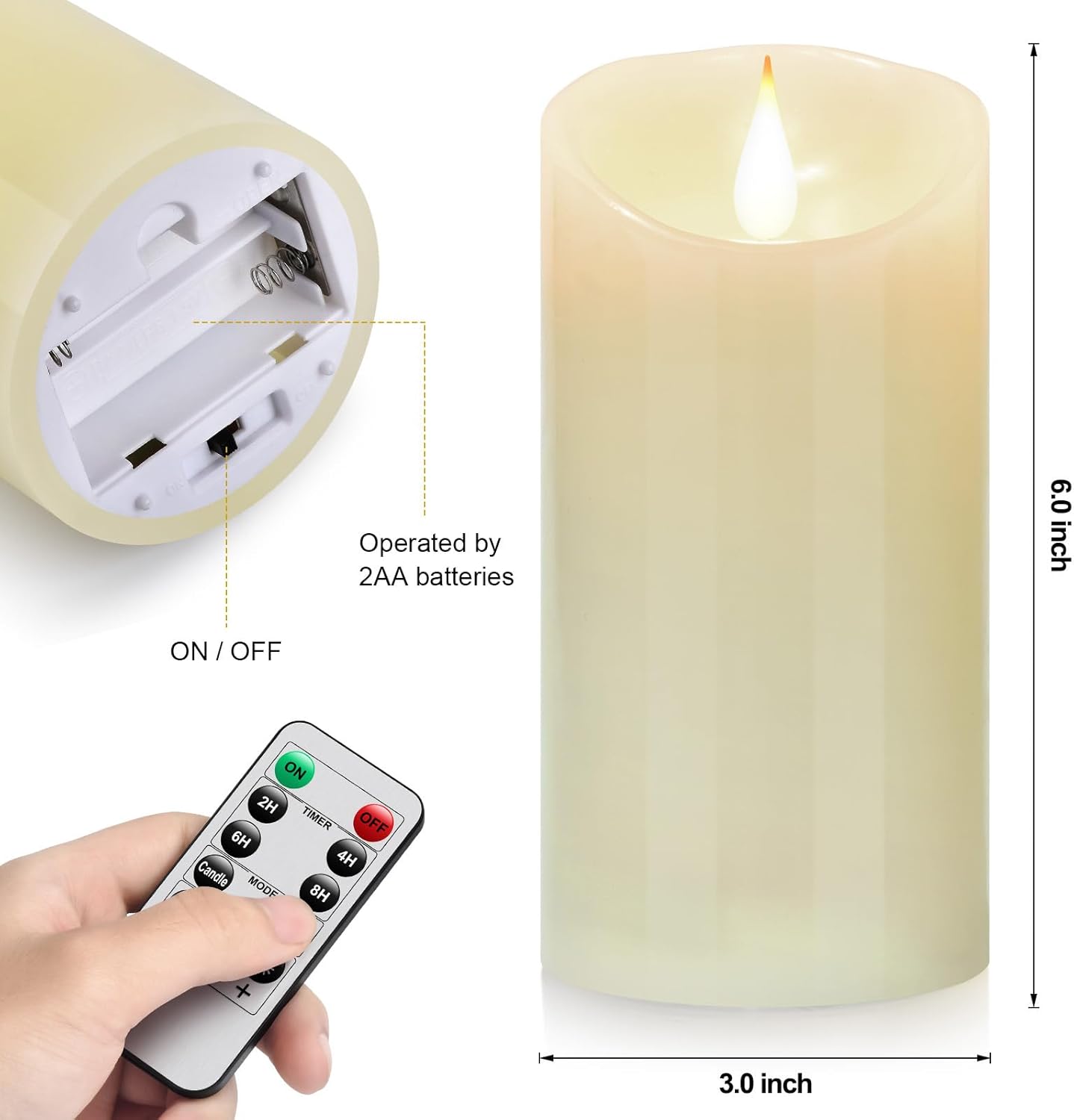 Flameless Battery Operated LED Candles 3D Wick with10key Button Remote Control 24-Hour Timer Set of 2 Electric Flickering Pillar Real Wax，Wedding, Party, Home Decoration