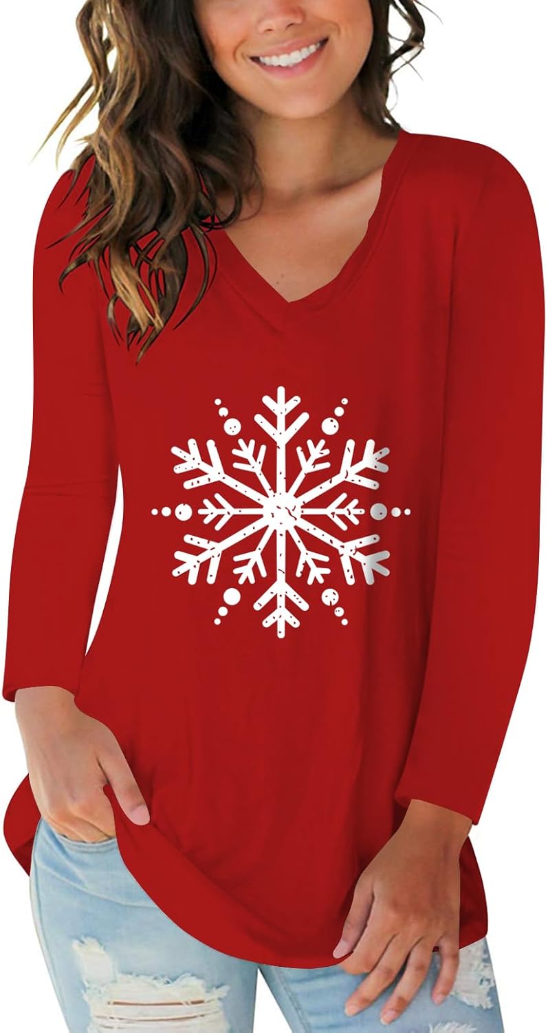 Tobrief Women's Long Sleeve V-Neck Shirts Fall Graphic Tees Loose Casual T-Shirt