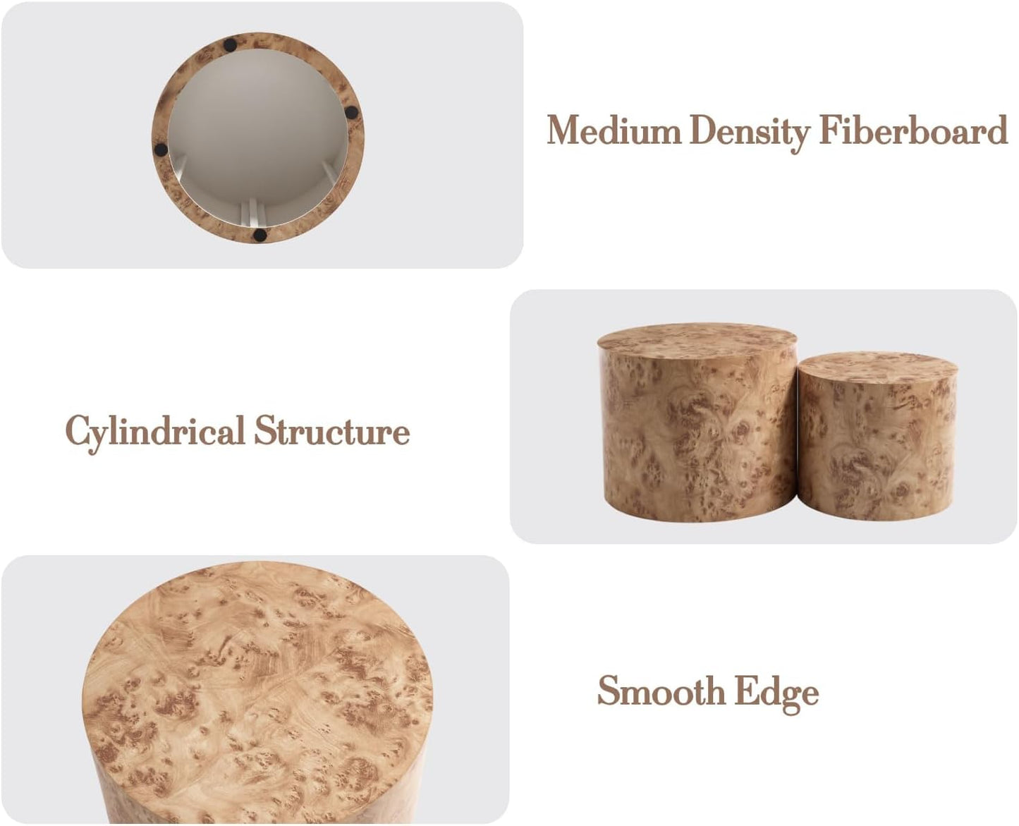 EALSON Nesting Coffee Tables Set of 2 Farmhouse Small Round End Tables Modern Wood Circle Side Table Drum Table for Living Room Small Spaces Bedroom Balcony, No Assembly, Natural Burl