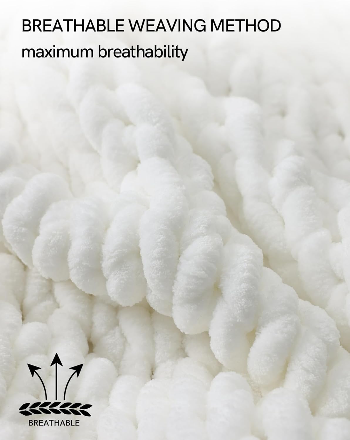 YnM Chunky Throw Blanket, Hand Knitted with Chenille Yarn, Skin Friendly, Ventilated and Breathable, Machine Washable, Home Décor Piece for Couch, Sofa and Bed (White, 30x40 Inch)