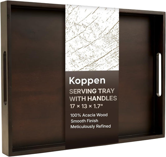 Koppen Acacia Wood Serving Tray with Handles, 17" x 13.86", Large Wooden Platter for Breakfast, Ottoman Tray for Party, Snacks, Fruit, Coffee Table, Living Room, Sofa, Bed, Outdoor