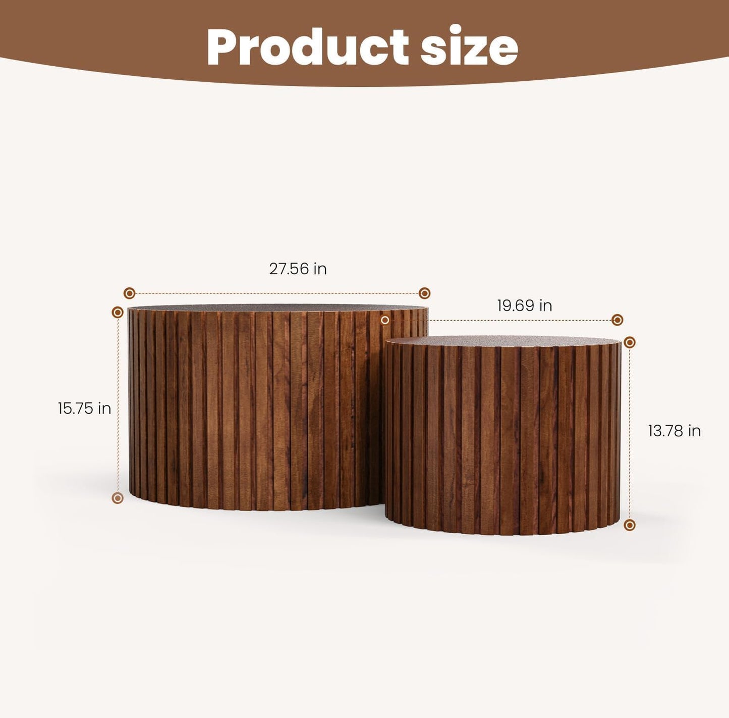 WXFKLDJ Round Nesting Coffee Table Set Cylindrical Wooden Coffee Table Sofa Center Table Circle Embossed Design Side Table for Living Room Apartment No Assembly (Striped Brown Large)