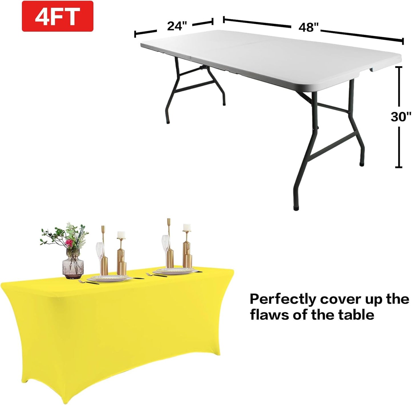 IVAPUPU 2 Pack 4FT Table Cloth for Rectangular Fitted Events Stretch Yellow Table Covers Washable Cover Spandex Tablecloth Protector for Party, Wedding, Cocktail, Banquet, Festival