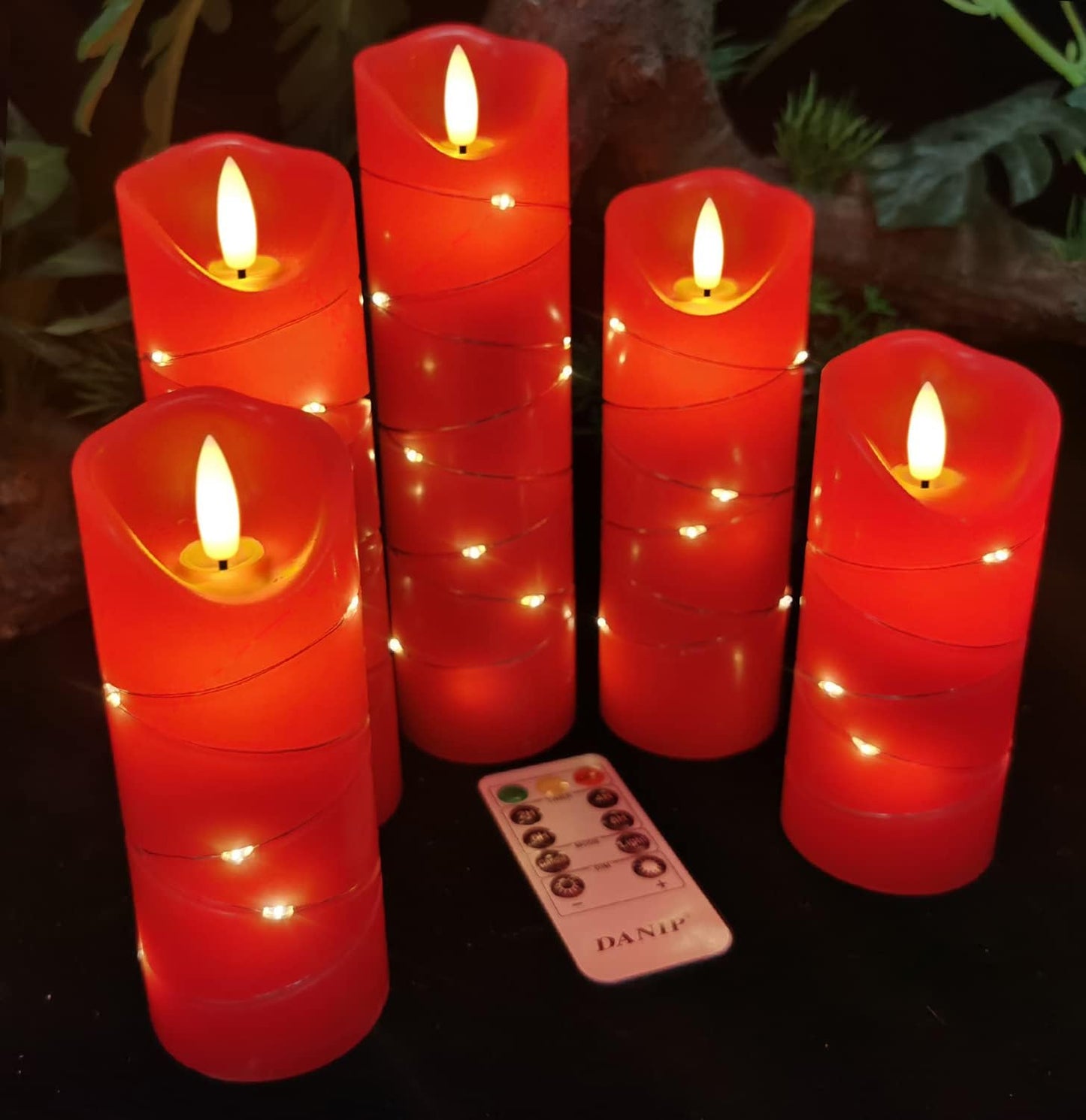 DANIP Red LED Flameless Candle with Embedded Star String, 5Piece LED Candle with 11 Button Remote Control, 24 Hours Timer Function, Dancing Flame, Real Wax, Battery Powered.