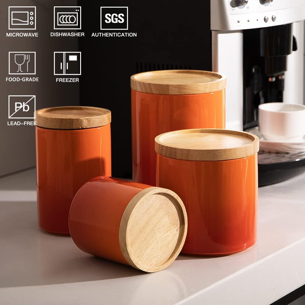 Sweejar Ceramic Food Storage Jar, Stackable Kitchen Canisters, Containers with Airtight Seal Wooden Lid for Serving Coffee Bean, Flour, Tea, Cookies, Spice and More - 58 Fl Oz (Gradient Orange)
