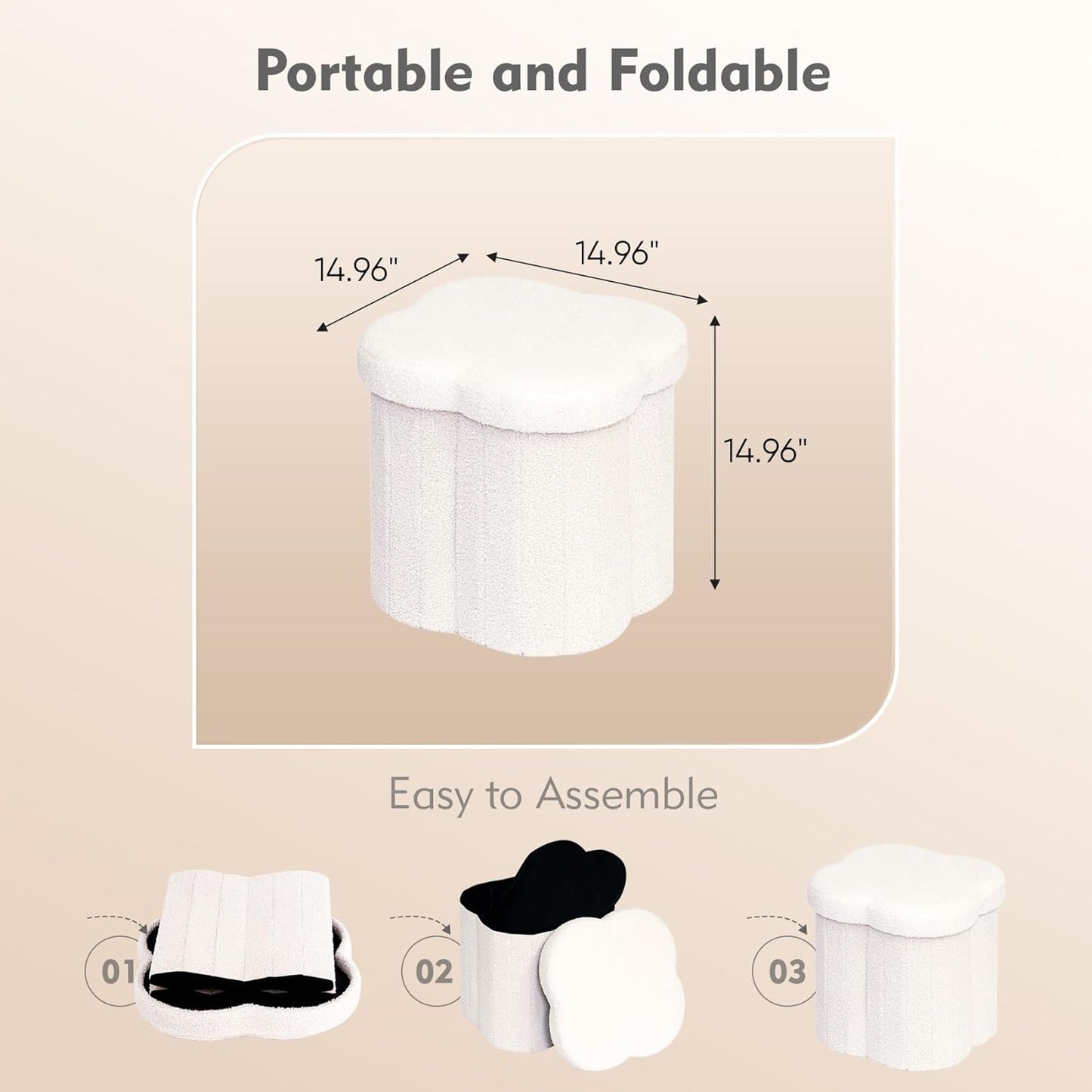 B FSOBEIIALEO Storage Ottoman Cube, Flowers Shaped Ottomans with Storage Foot Stool Footrest, Boucle Ottoman Seat for Dorm Room, Faux Teddy Fur, Cream White 15"x15"x15"