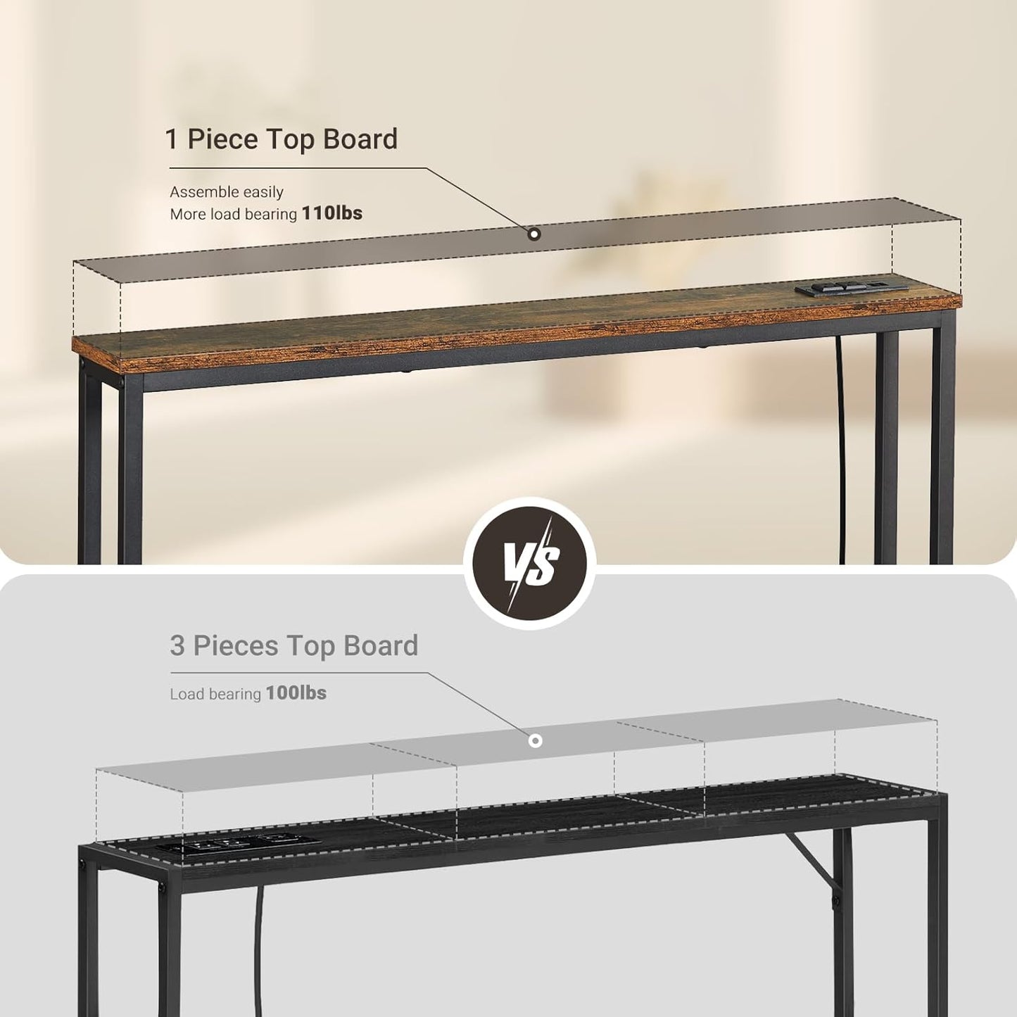 ELYKEN 5.9" Narrow Console Sofa Table with Power Outlets and USB Port, 5.9" Dx39.4 Wx31.1 H Long Behind Couch Table with Metal Frame and 6.5’ Extension Cord, Rustic Brown