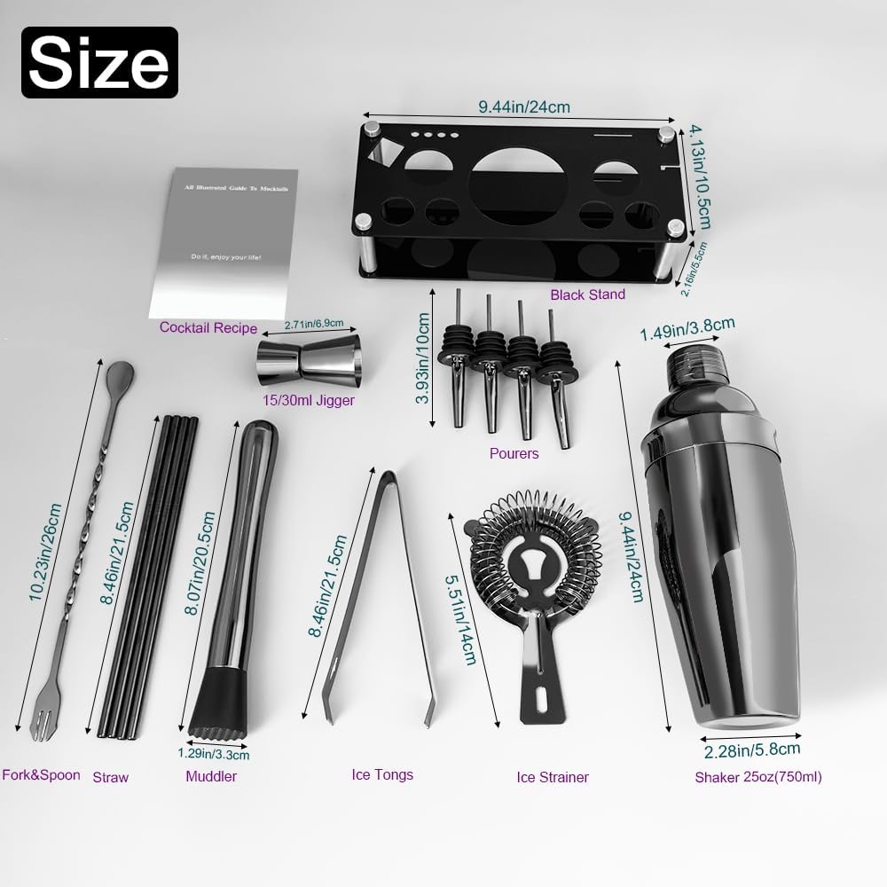 14-Piece Cocktail Shaker Set Bartender Kit with Black Stand, Bar Tool Set for Drink Mixing Bartending Kit Bar Sets Accessories: 750ml(25oz) Shaker, Jigger, Muddler, Cocktail Recipes (Black)