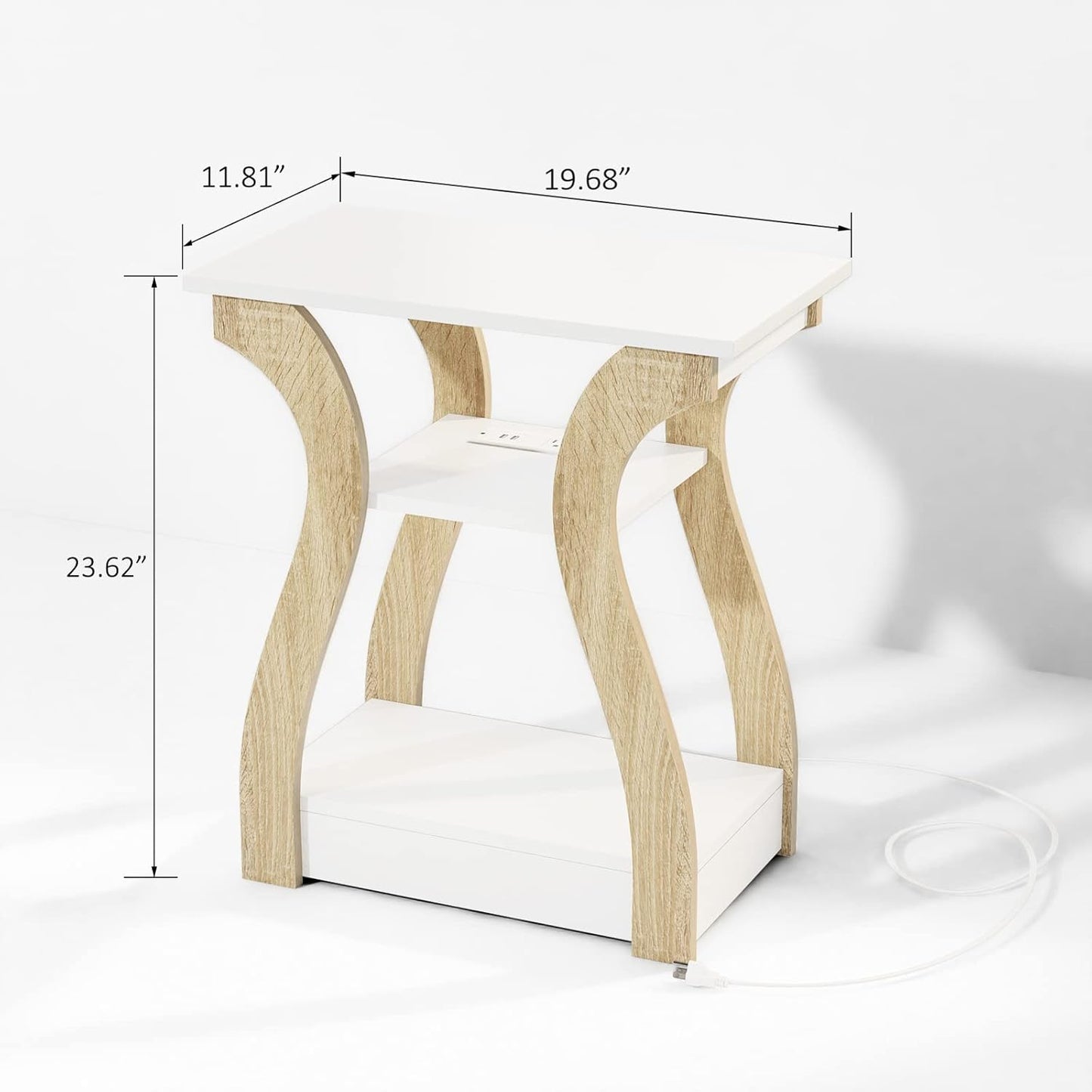 End Table Set of 2 with Charging Station, Side Table with USB Ports and Outlets, Nightstand, 3 Tier End Table with Storage Shelf for Living Room, Bedroom (White Set of 2)