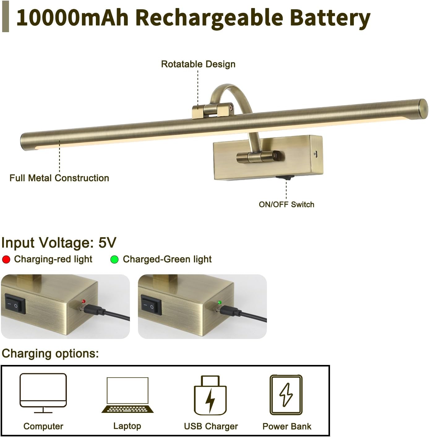 Wireless Picture Lights Rechargeable Gallery Lighting Battery Picture Frame Light with Remote and Timer, Adjustable Art Light for Paintings, Portraits, Antique Bronze Finish 24'' Inch 5W 2700K