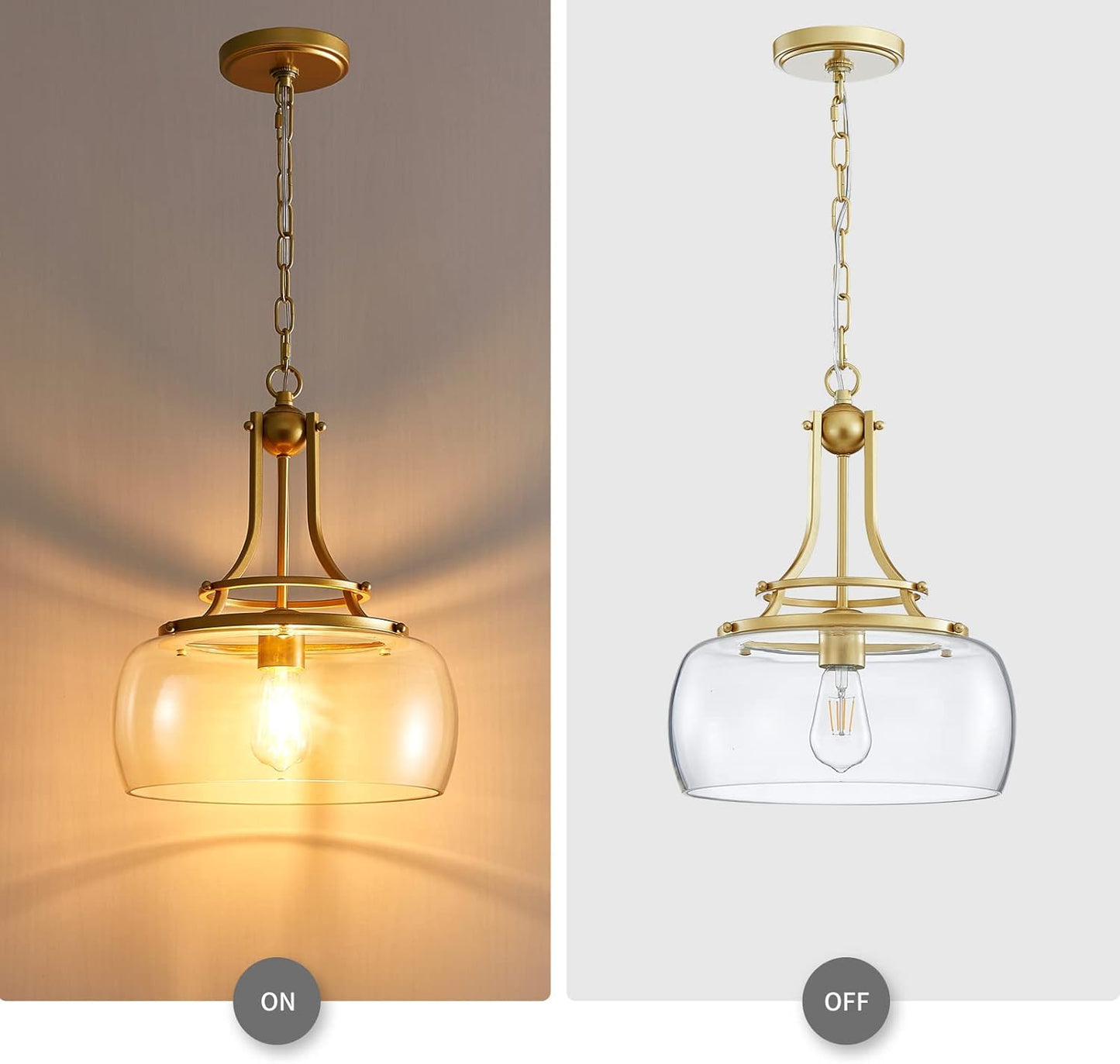 WUZUPS Chandelier Rustic Farmhouse Industrial Round Ceiling Pendant LED Light Fixture with Clear Glass Shades for Dining Room Kitchen Island Foyer Entryway, H 17" x W 13.4", E26 Base, Gold